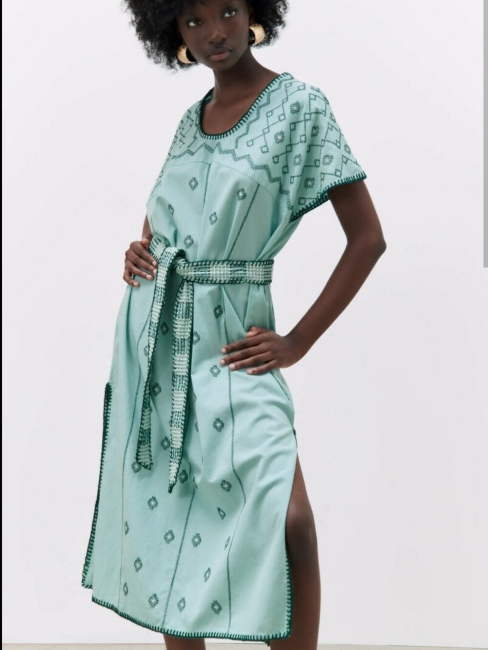 Zara Boho Embroidered Belted Midi Kaftan Tunic Dress Green Oversized Size M
